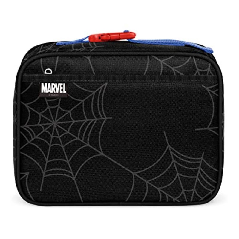 lunch box for toddler: insulated reusable Spider-Man themed bag with exterior and interior pockets, blue-red color, lightweight durable polyester, fits bento boxes and meal containers - Image 3