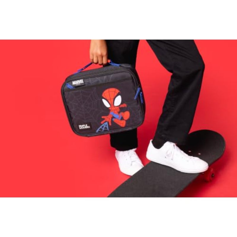 lunch box for toddler: insulated reusable Spider-Man themed bag with exterior and interior pockets, blue-red color, lightweight durable polyester, fits bento boxes and meal containers - Image 2