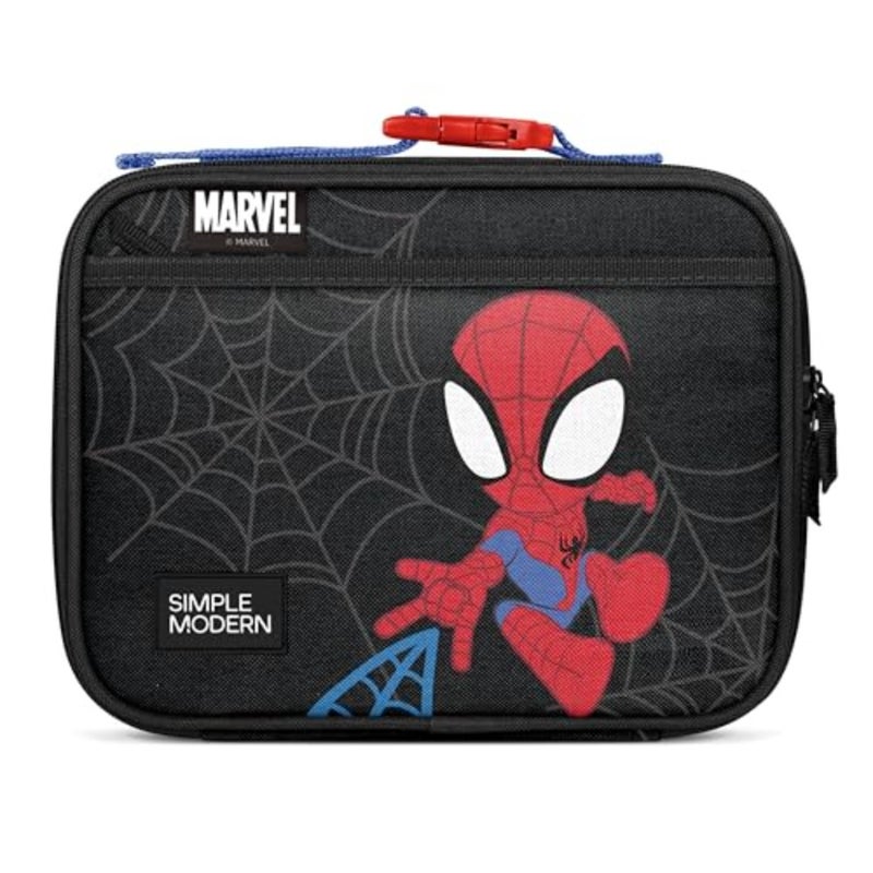 lunch box for toddler: insulated reusable Spider-Man themed bag with exterior and interior pockets, blue-red color, lightweight durable polyester, fits bento boxes and meal containers - Image 1