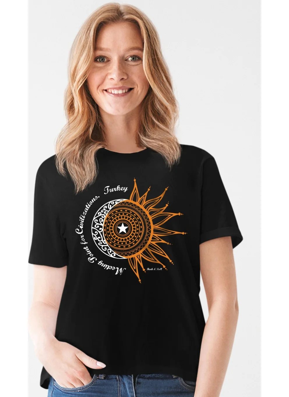 Rock&Roll Türkiye Crescent Star Black Short Sleeve Women's T-Shirt