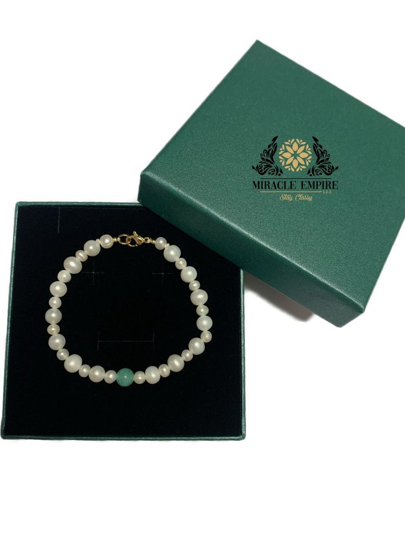 Miracle Empire Unique exclusive girls teens bracelet set handmade of Natural 4-6mm Pearls, 1 Emerald a 18k gold plated clasp.  - Image 1