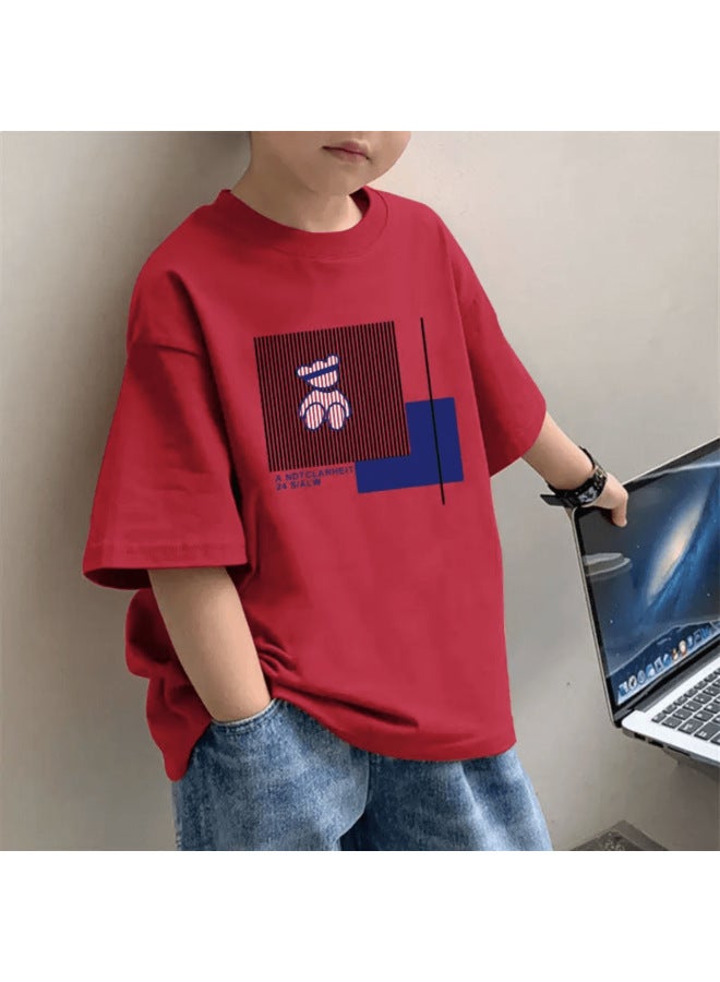 Children's Western Style Short-sleeved T-shirt Base Shirt Summer New Korean Style Boy's Pure Cotton Red Half-sleeved All-match Middle And Big Kids