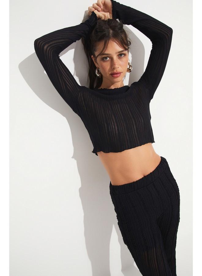 JUNE Women Crew Neck Transparent Detail Blouse Skirt Set Black - Image 1