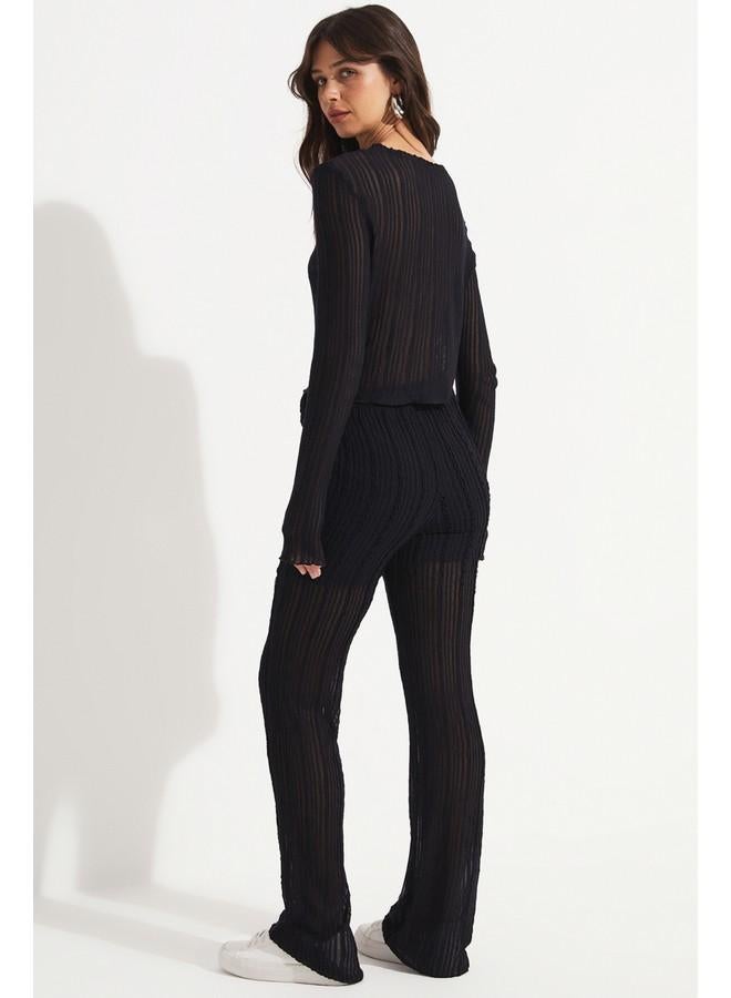 JUNE Women Crew Neck Transparent Detail Blouse Skirt Set Black - Image 5