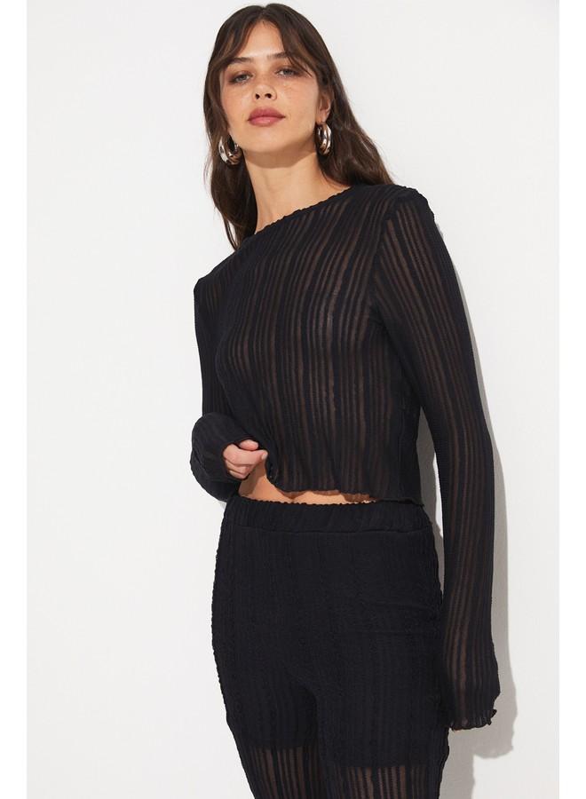 JUNE Women Crew Neck Transparent Detail Blouse Skirt Set Black - Image 4