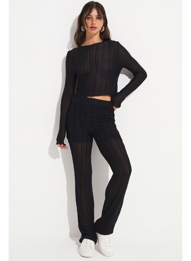 JUNE Women Crew Neck Transparent Detail Blouse Skirt Set Black - Image 2