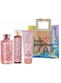 White Barn Bath & Body Works Pink Suede 3 Piece Bundle Spray Body Cream Shower Gel Full Size And Hello Gorgeous Gift Bag.  - Image 1