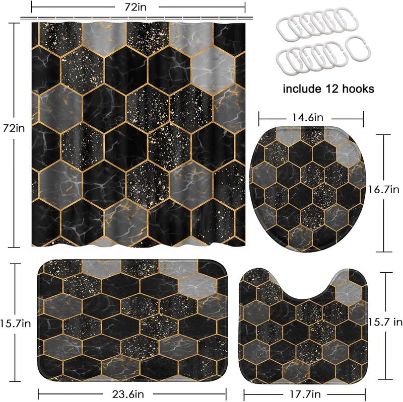 Tayney Marble Shower Curtain Sets with Toilet Lid Cover and Non-Slip Rugs, Black Gold Hexagon Geometric Marbling 4 Pcs Shower Curtain Set, Modern Abstract Art Bathroom Set Decor with 12 Hooks - Image 2