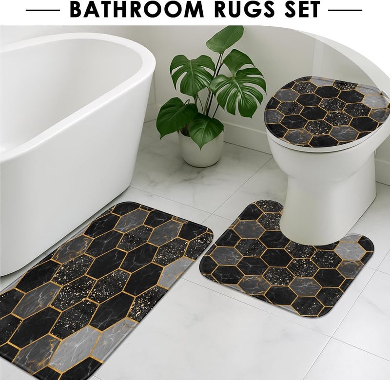 Tayney Marble Shower Curtain Sets with Toilet Lid Cover and Non-Slip Rugs, Black Gold Hexagon Geometric Marbling 4 Pcs Shower Curtain Set, Modern Abstract Art Bathroom Set Decor with 12 Hooks - Image 5