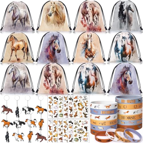 SNLN 12Sets Horse Party Favors Birthday Supplies Boy Girl Kid Drawstring Bag Silicone Bracelet Tattoo Sticker Keychain Horse Themed Pinata Filler Cowboy Cowgirl Rodeo Western Party Favors Supplies - Image 1