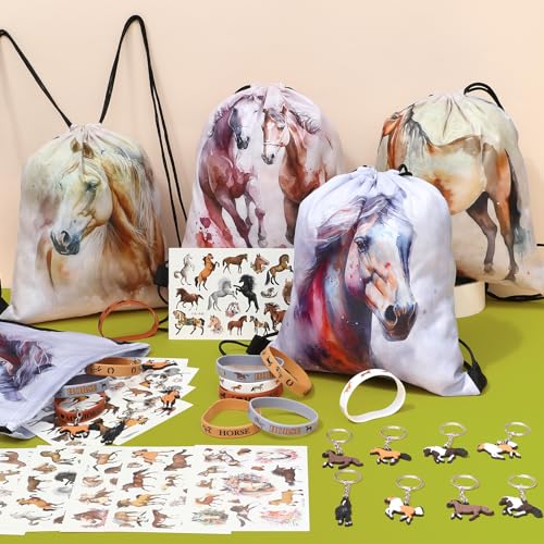 SNLN 12Sets Horse Party Favors Birthday Supplies Boy Girl Kid Drawstring Bag Silicone Bracelet Tattoo Sticker Keychain Horse Themed Pinata Filler Cowboy Cowgirl Rodeo Western Party Favors Supplies - Image 5