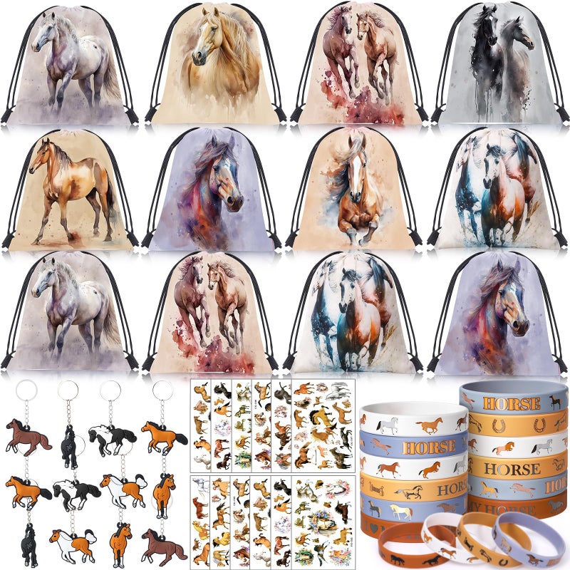 SNLN 12Sets Horse Party Favors Birthday Supplies Boy Girl Kid Drawstring Bag Silicone Bracelet Tattoo Sticker Keychain Horse Themed Pinata Filler Cowboy Cowgirl Rodeo Western Party Favors Supplies - Image 3