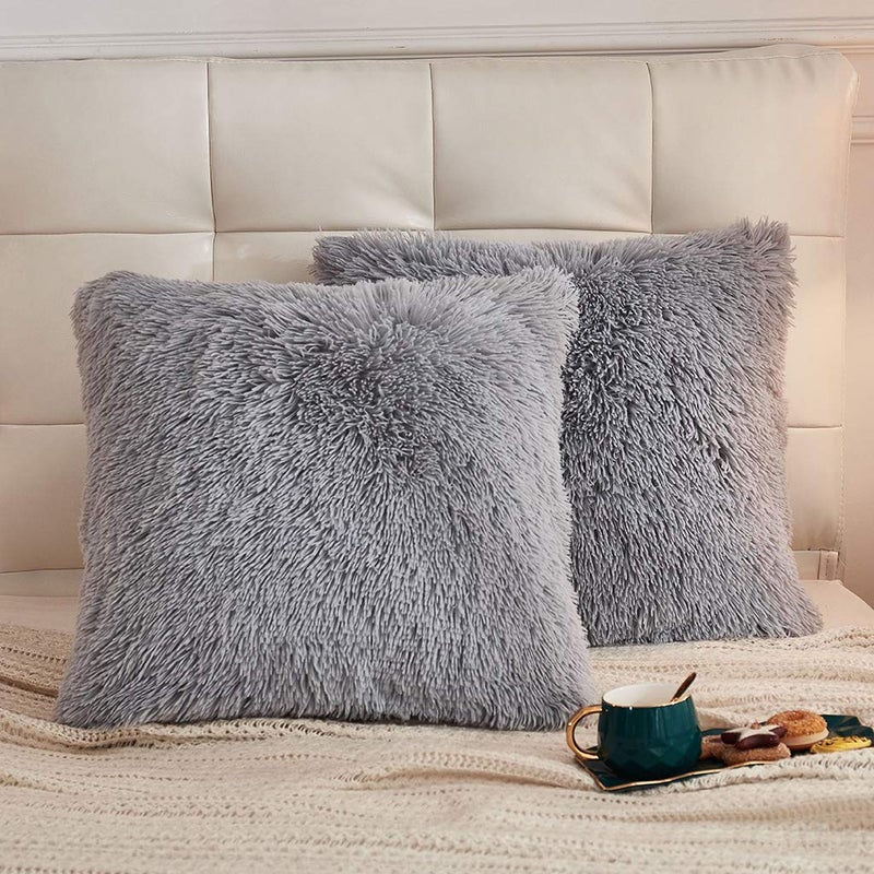 LIFEREVO 2 Pack Grey Shaggy Plush Faux Fur Throw Pillow CoversZippered Fuzzy Decorative Pillow CaseLuxury Square Velvety Soft Cushion Case for Sofa Bedroom CarGray18x18