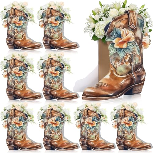 Dunzoom 12 Set Western Cowboy Boots Flower Boxes Vase Centerpieces Brown Water Color Boot Shape Gift Boxes Western Theme Party Favor for Rodeo Birthday Shower Garden Tea Party Wedding Supplies - Image 1