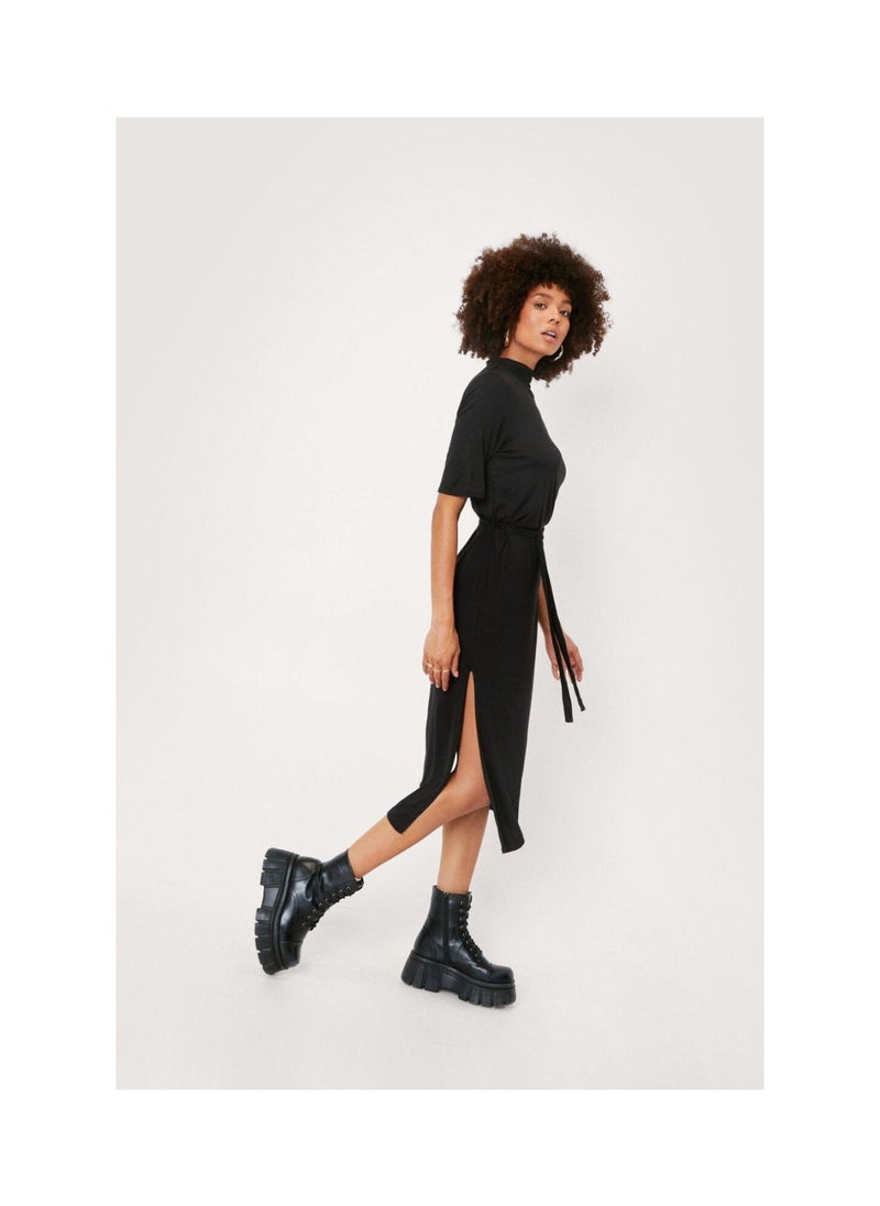 NASTY GAL - Belted High Neck Slit Midi Dress - Image 1