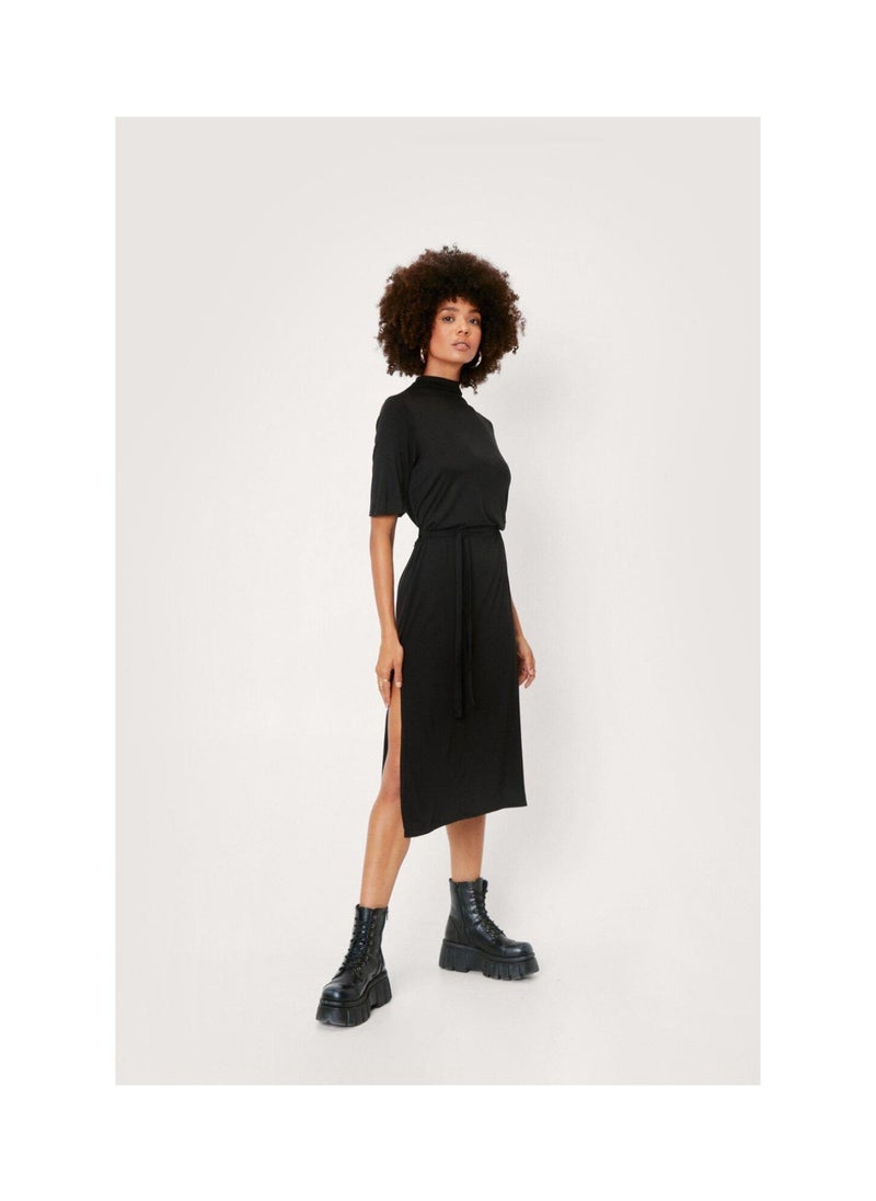 NASTY GAL - Belted High Neck Slit Midi Dress - Image 1