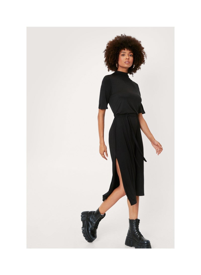 NASTY GAL - Belted High Neck Slit Midi Dress - Image 1