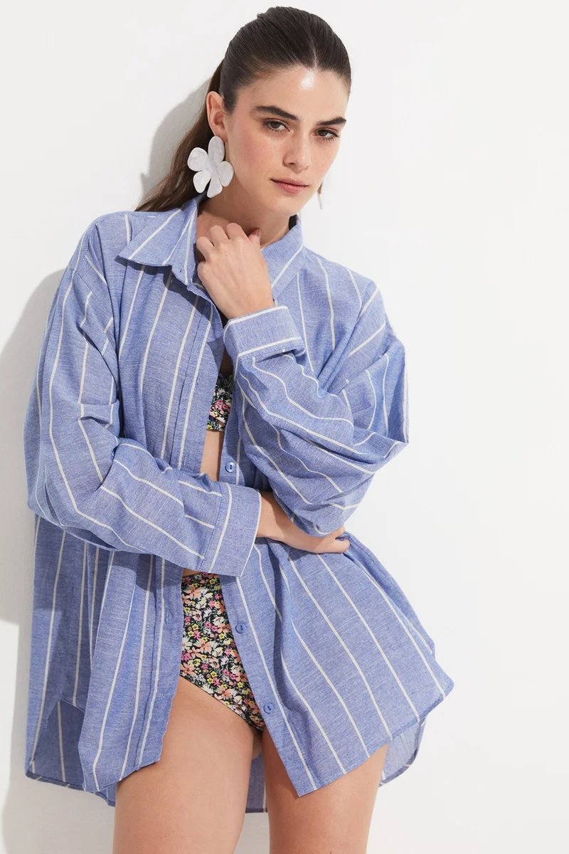 JUNE Women's Cotton Striped Wide Pattern Woven Shirt
