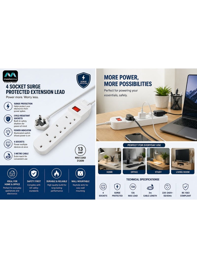 Masterplug 4 Socket Surge Protected Extension Lead, 3m Cable, 13A, Power Indicator, Child Resistant Sockets, White - Image 4