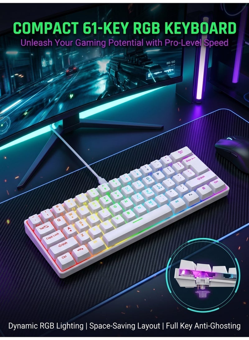 Hirospace Wired gaming keyboard, 61 keys, ultra-compact miniature waterproof keyboard, suitable for computer gamers, white model - Image 3