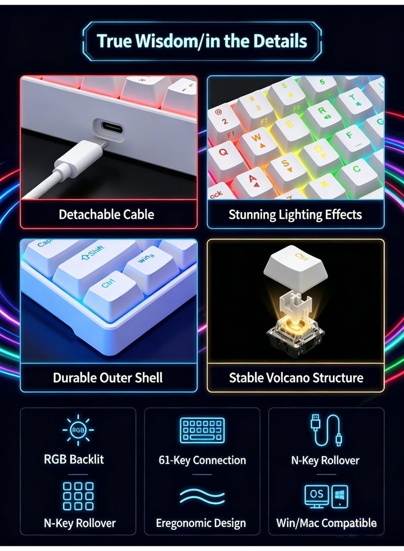 Hirospace Wired gaming keyboard, 61 keys, ultra-compact miniature waterproof keyboard, suitable for computer gamers, white model - Image 2