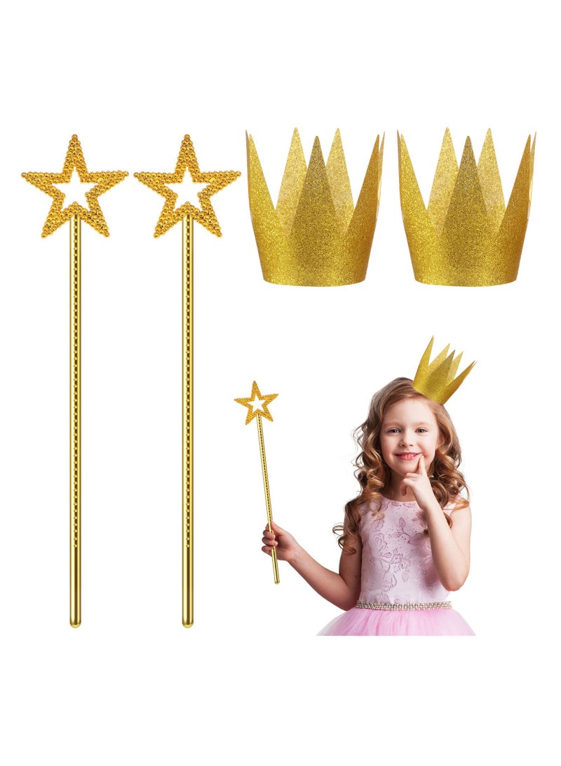 2 Pcs 13 Inches Star Wand with 2 Pcs Gold Birthday Crown Hats, Gold Crown Paper Crowns Fairy Wand Princess Crowns for Wedding Birthday Party Cosplay Dress up Accessories  - Image 1