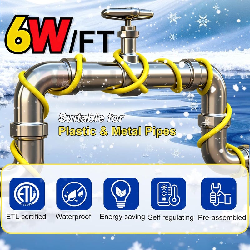 TOPDURE Heating Cable for Pipe Freeze Protection Self-Regulating Heat Tape for Water Pipes for Metal and Plastic Pipes Energy-Saving Heat Trace Cable 120V 2FT - Image 2