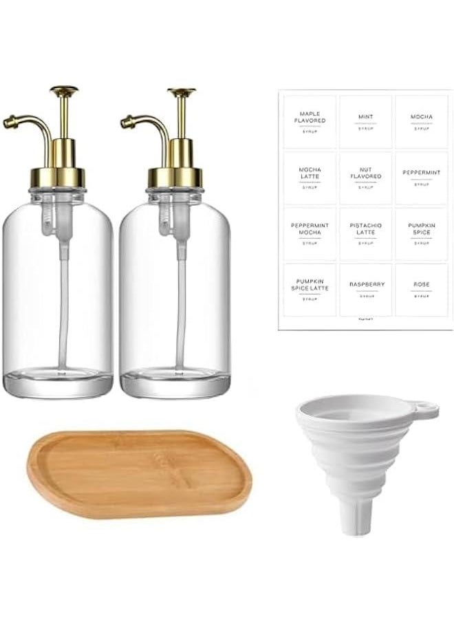 HOOKOR 500 ml Syrup Dispenser Set of 2, Coffee Syrup Dispenser for Coffee Bar, Glass Syrup Bottle Labels and Bamboo Tray and Funnel, Syrup Pump Dispenser 16.9 oz Golden  - Image 1