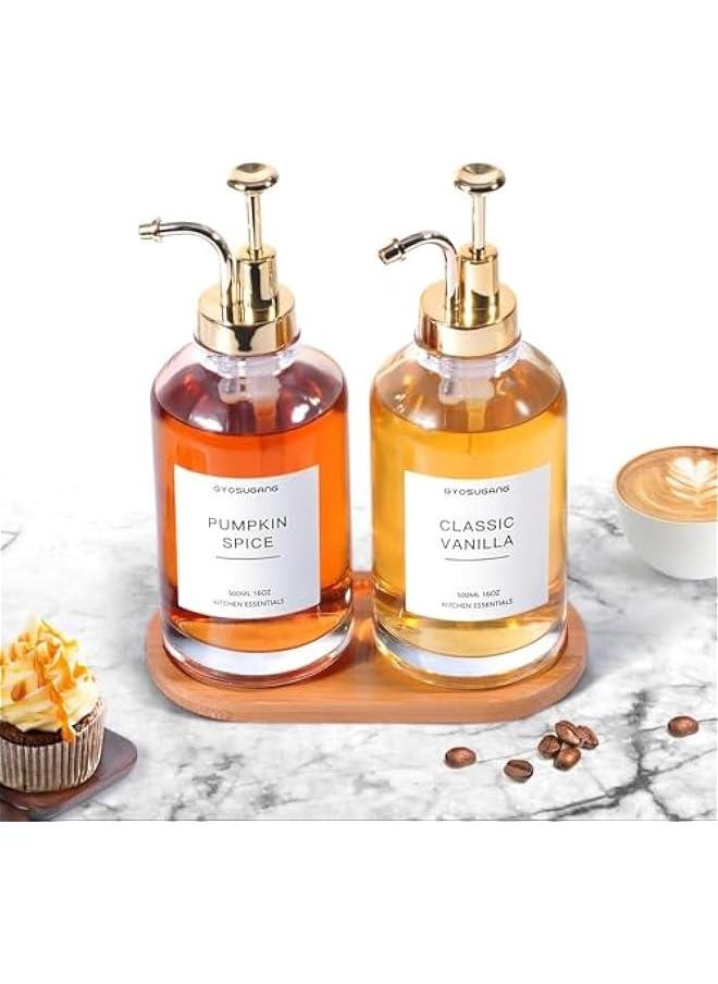 HOOKOR 500 ml Syrup Dispenser Set of 2, Coffee Syrup Dispenser for Coffee Bar, Glass Syrup Bottle Labels and Bamboo Tray and Funnel, Syrup Pump Dispenser 16.9 oz Golden  - Image 5