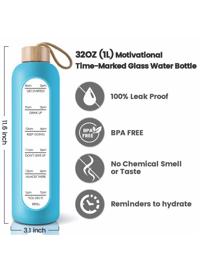 PROBTTL 32 Oz Borosilicate Glass Water Bottle with Time Marker Reminder Quotes, 1 Liter Leak Proof Reusable BPA Free Motivational Water Bottles with Silicone Sleeve and Bamboo Lid (Sky Blue) - Image 2