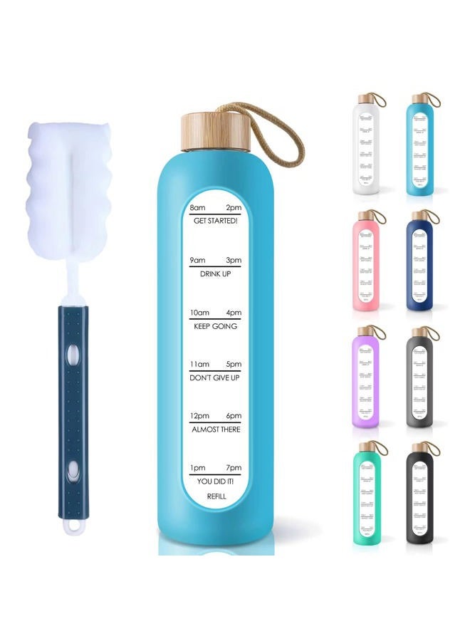 PROBTTL 32 Oz Borosilicate Glass Water Bottle with Time Marker Reminder Quotes, 1 Liter Leak Proof Reusable BPA Free Motivational Water Bottles with Silicone Sleeve and Bamboo Lid (Sky Blue) - Image 1