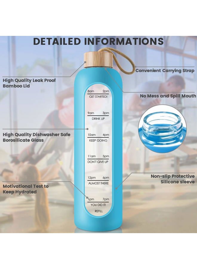 PROBTTL 32 Oz Borosilicate Glass Water Bottle with Time Marker Reminder Quotes, 1 Liter Leak Proof Reusable BPA Free Motivational Water Bottles with Silicone Sleeve and Bamboo Lid (Sky Blue) - Image 3