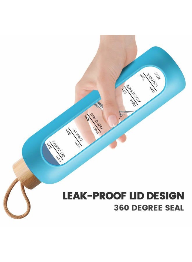 PROBTTL 32 Oz Borosilicate Glass Water Bottle with Time Marker Reminder Quotes, 1 Liter Leak Proof Reusable BPA Free Motivational Water Bottles with Silicone Sleeve and Bamboo Lid (Sky Blue) - Image 4