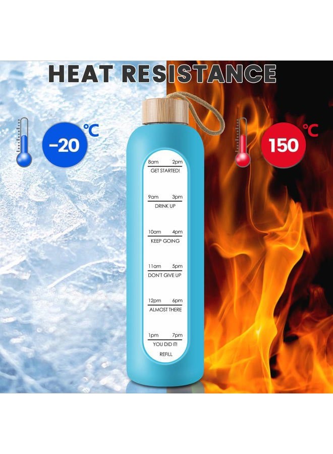 PROBTTL 32 Oz Borosilicate Glass Water Bottle with Time Marker Reminder Quotes, 1 Liter Leak Proof Reusable BPA Free Motivational Water Bottles with Silicone Sleeve and Bamboo Lid (Sky Blue) - Image 5