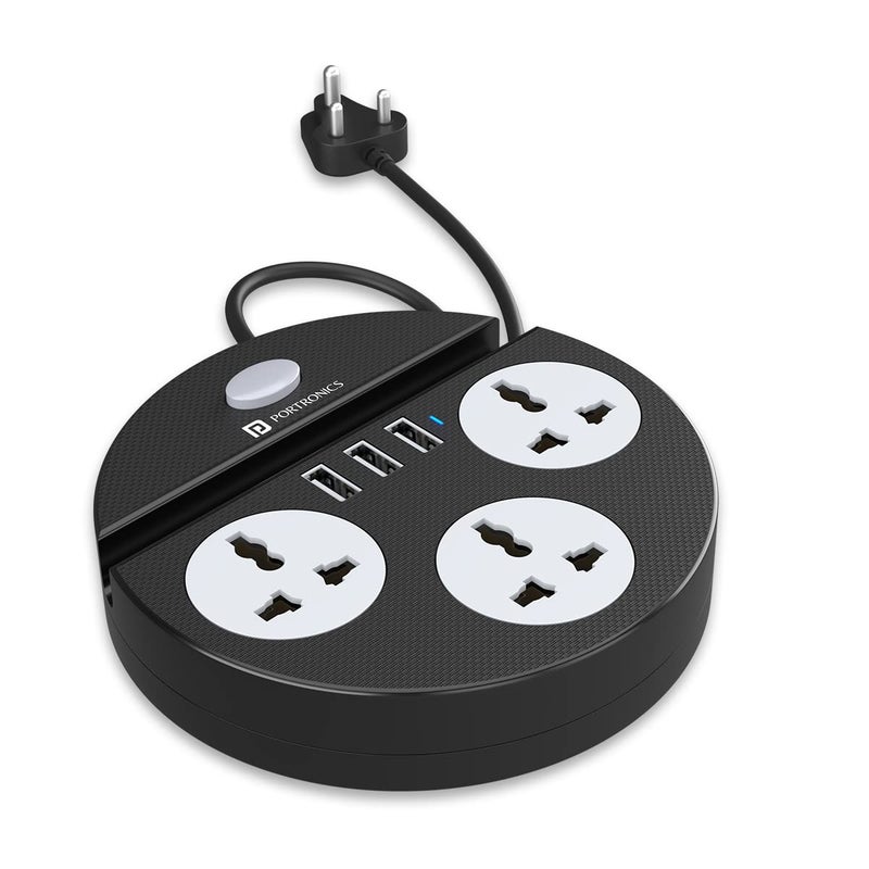 Portronics Power Plate 5 1500W Power Converter with USB Charger Mobile Holder 3AC Socket 3USB Ports 15 m Cord Length Black - Image 1