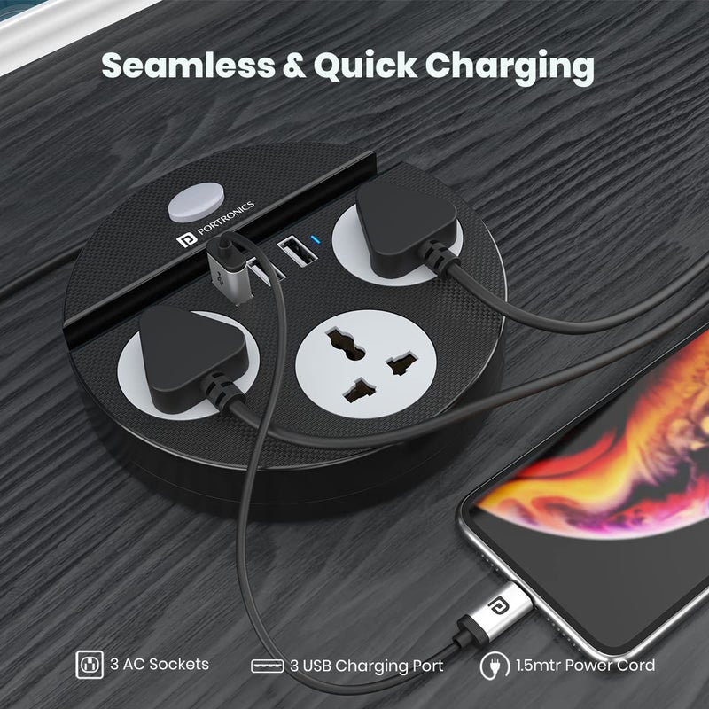 Portronics Power Plate 5 1500W Power Converter with USB Charger Mobile Holder 3AC Socket 3USB Ports 15 m Cord Length Black - Image 5