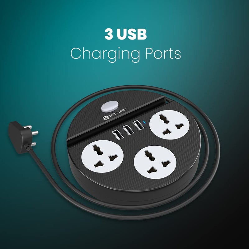 Portronics Power Plate 5 1500W Power Converter with USB Charger Mobile Holder 3AC Socket 3USB Ports 15 m Cord Length Black - Image 3