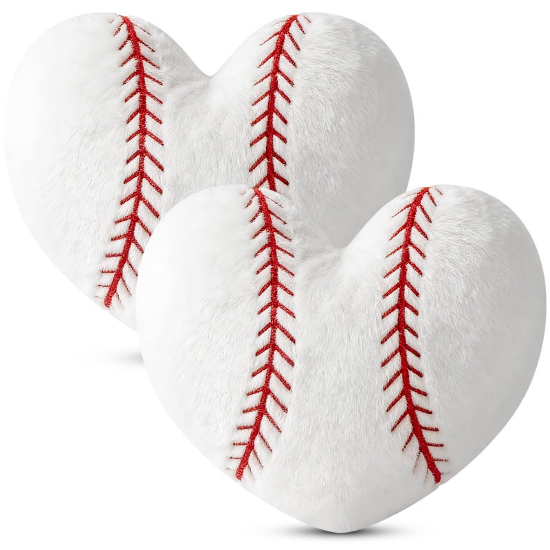 AKAIXI 2Pcs Valentines Baseball Throw Pillow, 11 In Soft Embroidered Fluffy Baseball Pillow, Stuffed Plush Heart Shape Baseball Pillow for Bedrooom Couch Bed Decoration, Gift for Baseball lover Player Team - Image 1
