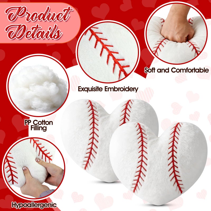 AKAIXI 2Pcs Valentines Baseball Throw Pillow, 11 In Soft Embroidered Fluffy Baseball Pillow, Stuffed Plush Heart Shape Baseball Pillow for Bedrooom Couch Bed Decoration, Gift for Baseball lover Player Team - Image 3