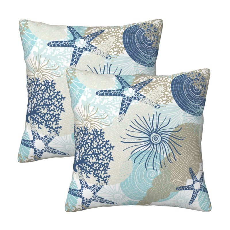 Beach Ocean Starfish Seashell Nautical Coastal Farmhouse Throw Pillow Covers 18x18 Pillow Case Soft Pillowcase Cushion Covers Set of 2 for Sofa Bed Bedroom Car Chair Living Room Home Decor