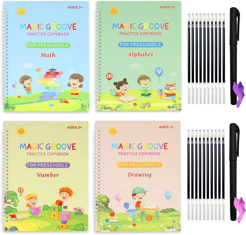 woobles 4PCS Grooved Handwriting Book Practice, Magic Practice Copybook for Kids, Reusable Handwriting Practice Book for Kids, Calligraphy Copybook for Preschoolers(10.3x7.5 Inches) - Image 1
