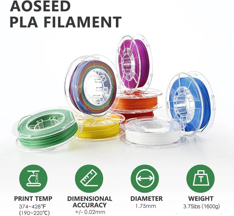 AOSEED 3D Printer Filament Bundle, 1.75mm (Â± 0.03 mm) PLA Filament Set for Most of 3D Printer,Purple/Green/Blue/Yellow/White/Iridescent/Red/Orange, 200g/0.44lbs x 8 Spools Pack - Image 2