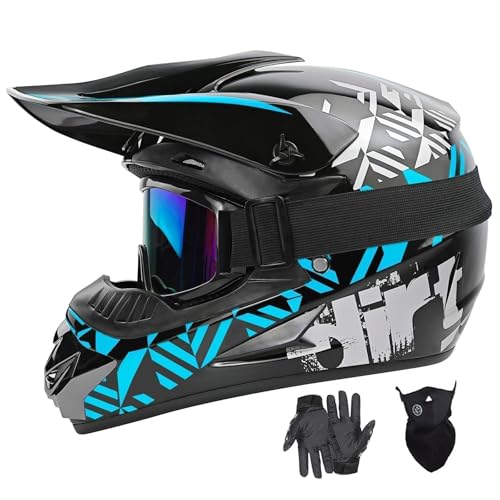 SPARK DOT Motocross Dirt Bike Helmets Full Face Motorcycle Off-Road Mountain E-Bike BMX MX ATV Helmet (with Gloves Goggles Mask) 4Pcs Set (Blue, Medium) - Image 1