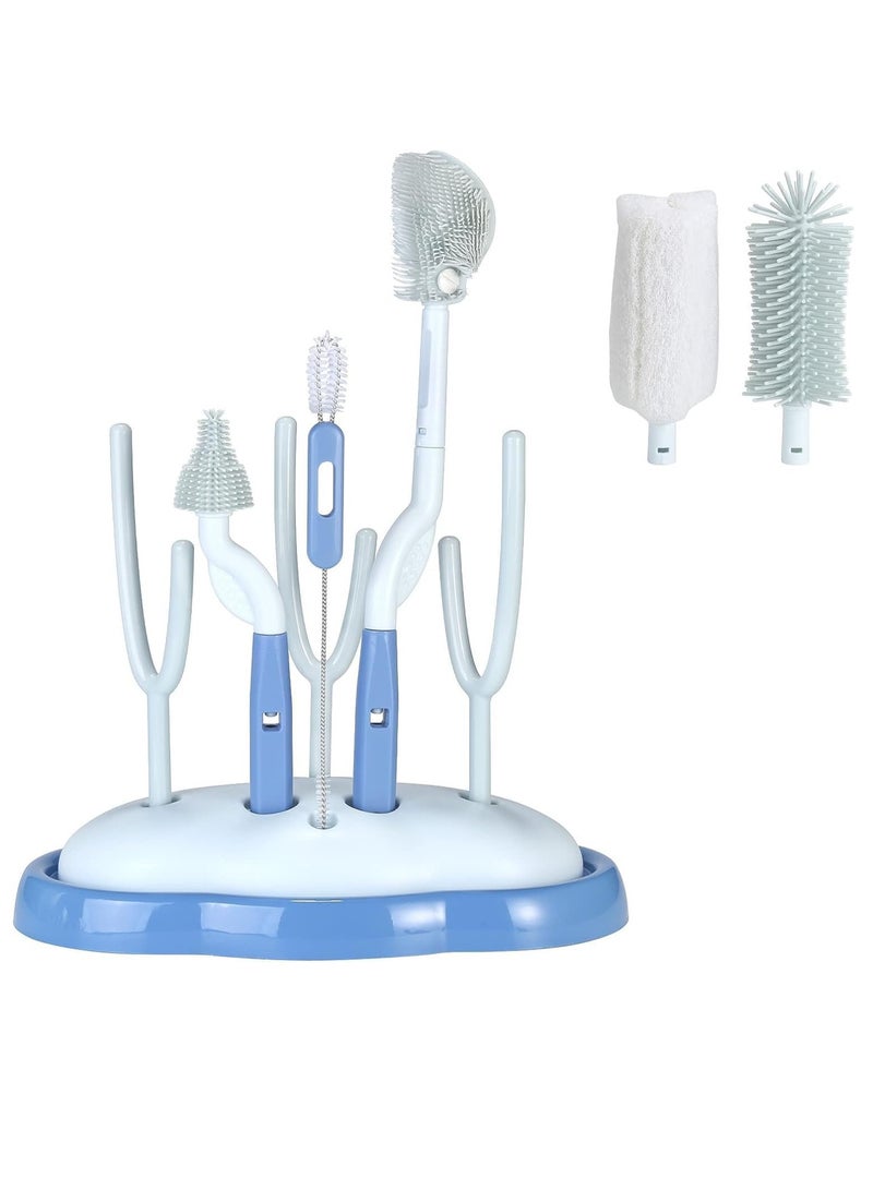 Baby Bottle Brush and Drying Rack Rotating Silicone Bottle Brush with Long Handle Bottle Drying Rack with Bottle Cleaner Brush Nipple Straw Cleaner Blue Rotating Brush Drying Rack - Image 1