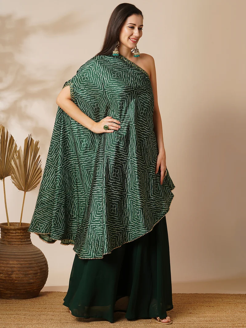 globus Women Green Bandhani Printed Embroidered One Shoulder Tunic & Skirt
