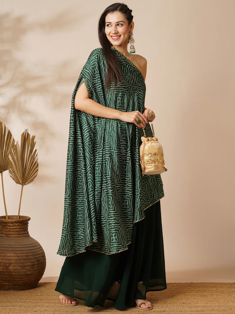globus Women Green Bandhani Printed Embroidered One Shoulder Tunic & Skirt