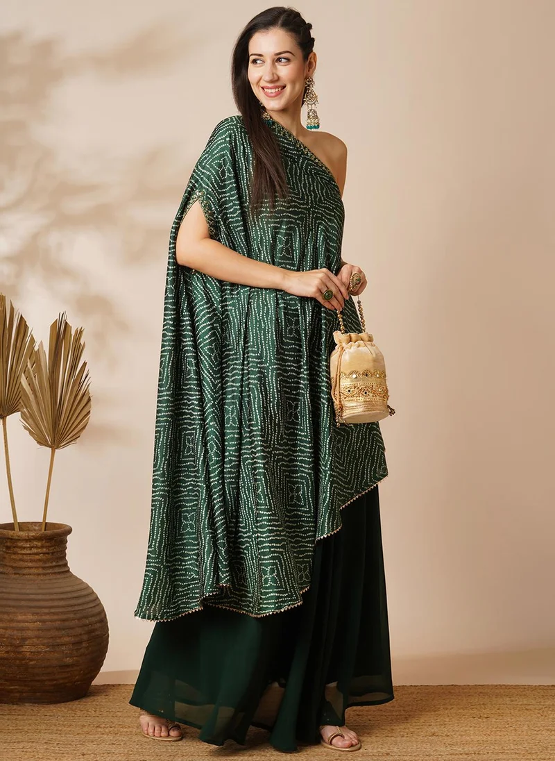 Globus Women Green Bandhani Printed Embroidered One Shoulder Tunic & Skirt Festive Set