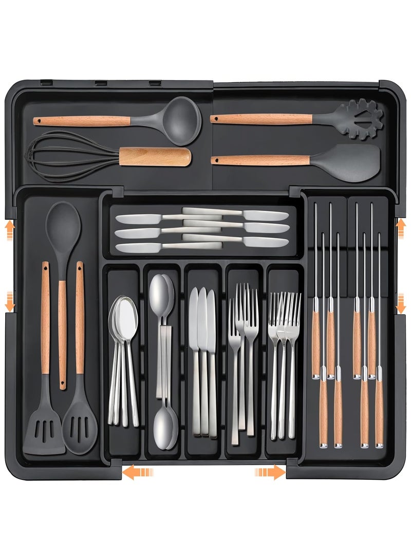 NNEWVANTE Silverware Organizer - Expandable Large Kitchen Drawer Organizer Utensil Organizer with 2 Removable Knife Blocks, 22"x 19"Cutlery Tray Drawer Dividers for Kitchen Flatware(6-9 Slots) (Black) - Image 1