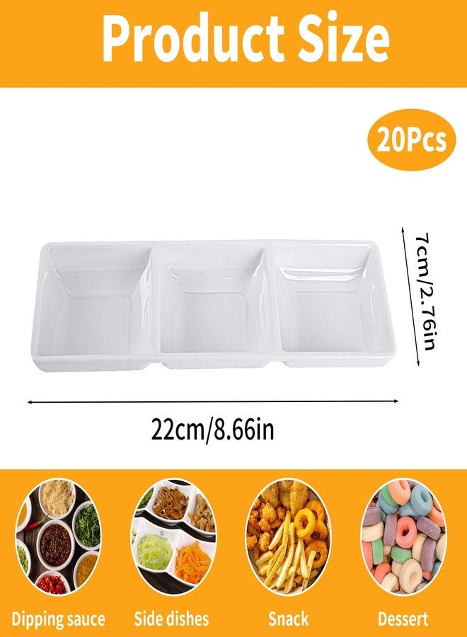 BUWUSMU 20 Pcs 3 Compartment Appetizer Serving Tray, Plastic 3 Section Dessert Platters Rectangular Divided Plate Compartment Serving Dishes Dipping Sauces Dinner Buffet Restaurant Kitchen - Image 2