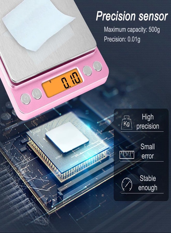 Diyife ميزان طعام عالي الدقة 0.01 غرام، ميزان رقمي محمول من ديييف بسعة 500 غرام مع شاشة LCD، ووظيفة التصفير، وميزان غرام متعدد الوظائف للطبخ والخبز والمجوهرات، مزود بدرجتين، والبطاريات متضمنة، لون وردي - Image 2